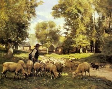 Sheep Shepherd Painting - A Shepherd And His Flock farm life Realism Julien Dupre